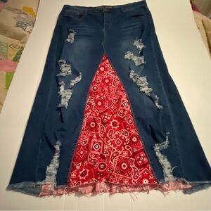Upcycled Denim and Red Bandana Patchwork Skirt handmade 20